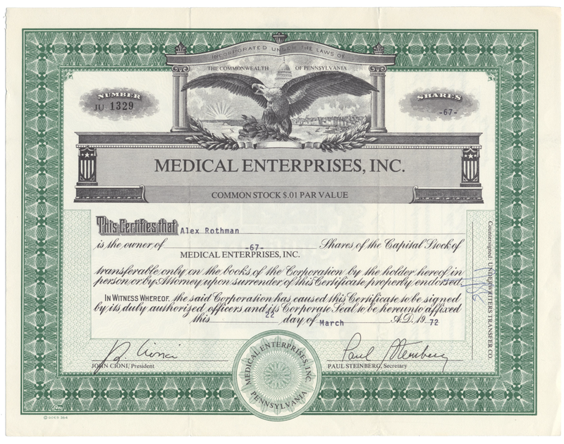 Medical Enterprises, Inc. Stock Certificate