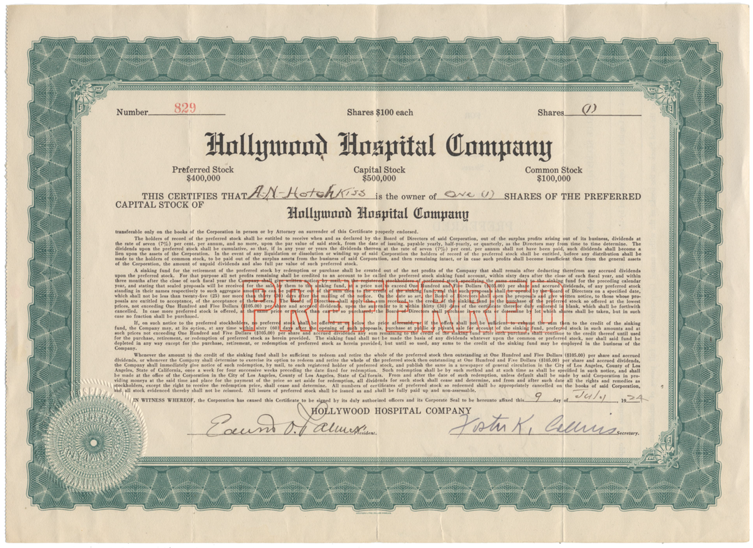 Hollywood Hospital Company Stock Certificate Signed by Edwin Obadiah Palmer