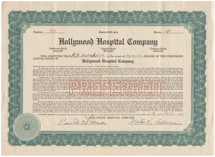 Hollywood Hospital Company Stock Certificate Signed by Edwin Obadiah Palmer