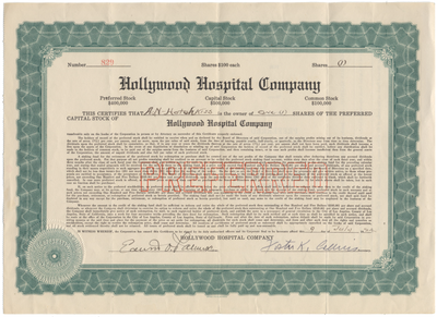 Hollywood Hospital Company Stock Certificate Signed by Edwin Obadiah Palmer