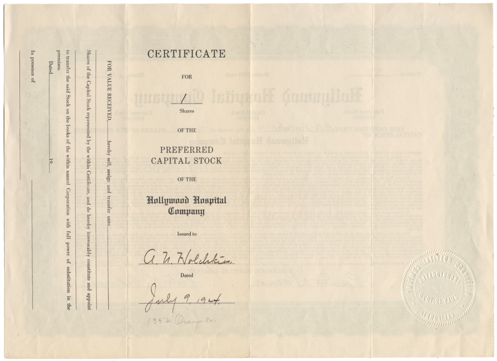 Hollywood Hospital Company Stock Certificate Signed by Edwin Obadiah Palmer