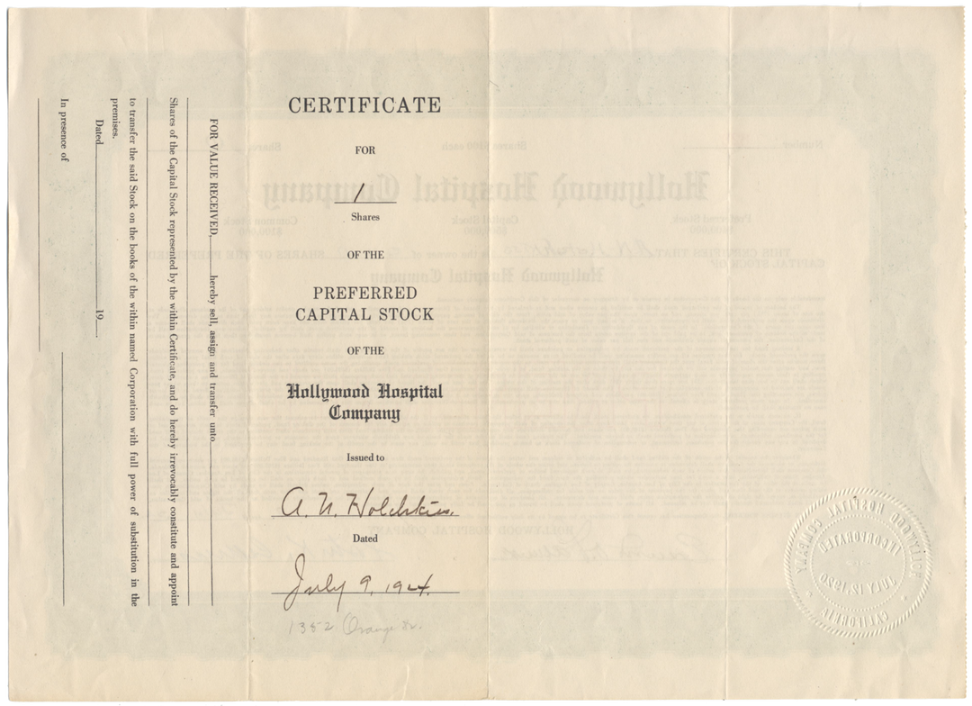 Hollywood Hospital Company Stock Certificate Signed by Edwin Obadiah Palmer