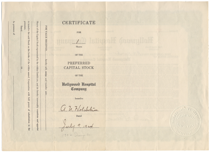 Hollywood Hospital Company Stock Certificate Signed by Edwin Obadiah Palmer