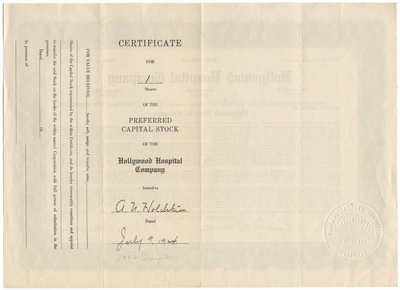 Hollywood Hospital Company Stock Certificate Signed by Edwin Obadiah Palmer