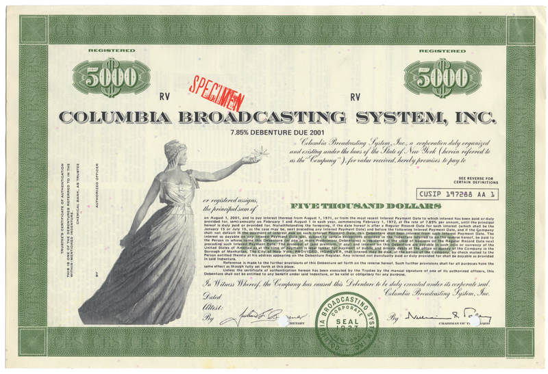 Columbia Broadcasting System, Inc. (CBS) Specimen Bond Certificate