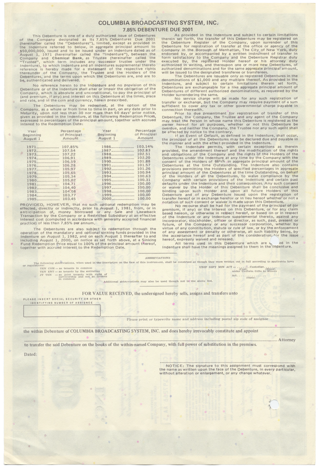 Columbia Broadcasting System, Inc. (CBS) Specimen Bond Certificate