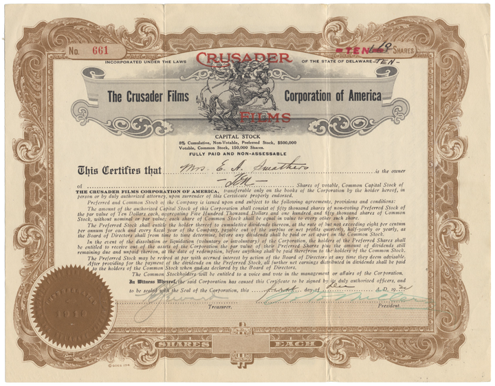 Crusader Films Corporation of America Stock Certificate