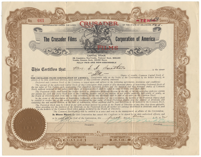 Crusader Films Corporation of America Stock Certificate