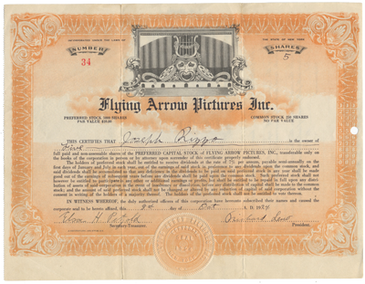 Flying Arrow Pictures Inc. Stock Certificate