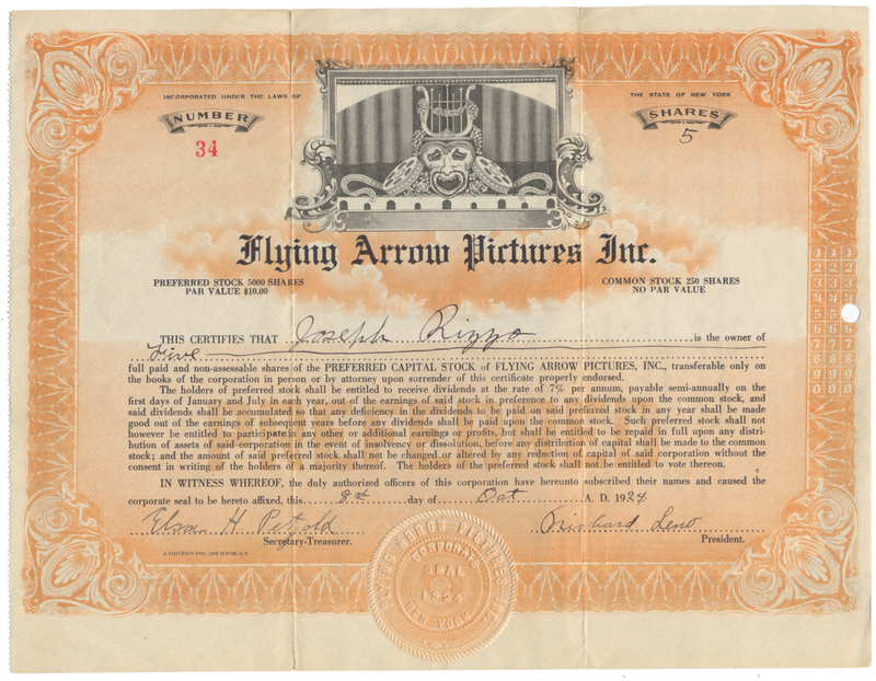 Flying Arrow Pictures Inc. Stock Certificate