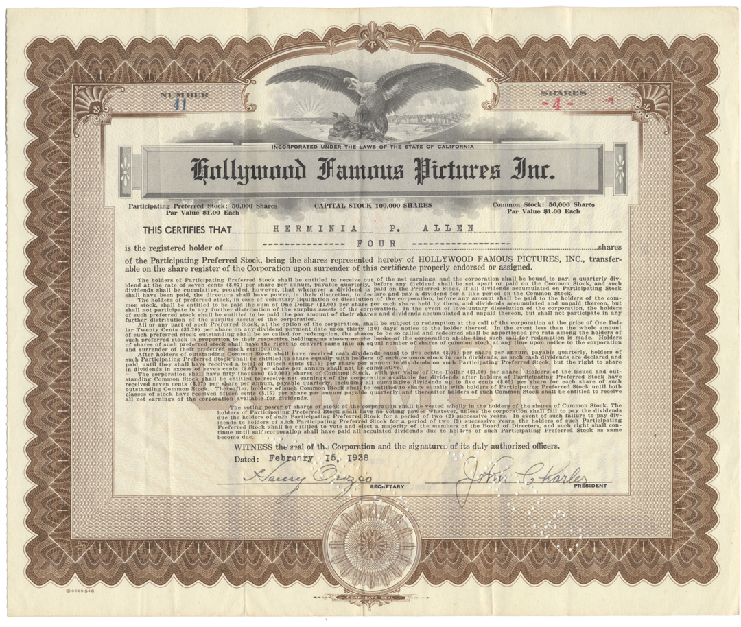 Hollywood Famous Pictures, Inc. Stock Certificate