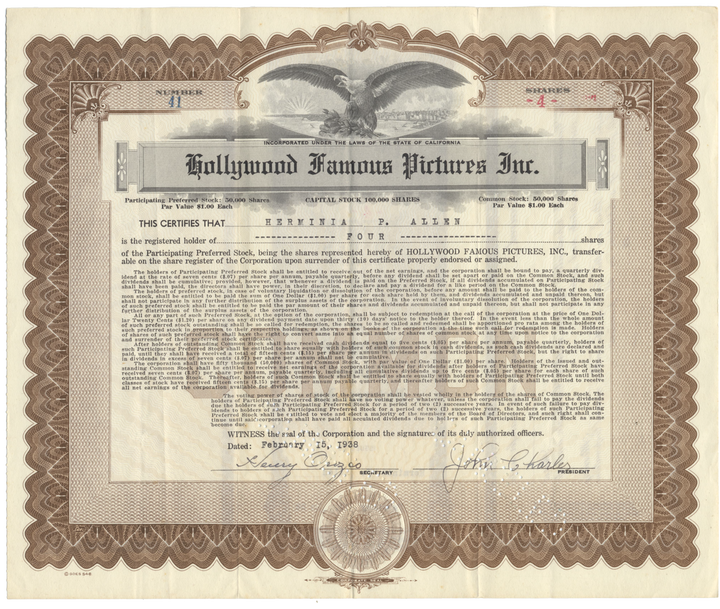 Hollywood Famous Pictures, Inc. Stock Certificate