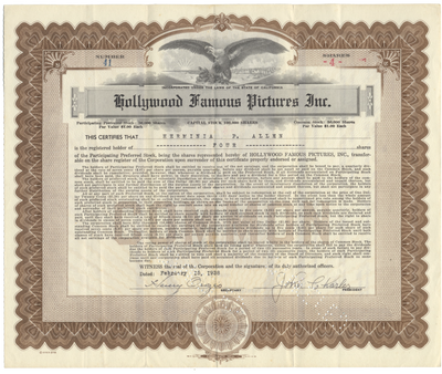 Hollywood Famous Pictures, Inc. Stock Certificate