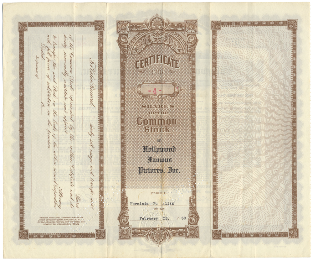 Hollywood Famous Pictures, Inc. Stock Certificate