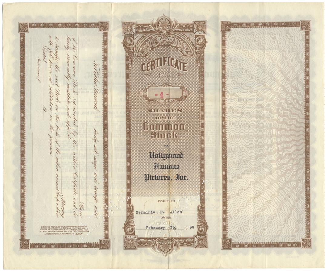 Hollywood Famous Pictures, Inc. Stock Certificate