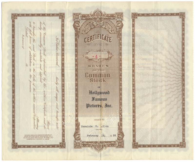 Hollywood Famous Pictures, Inc. Stock Certificate