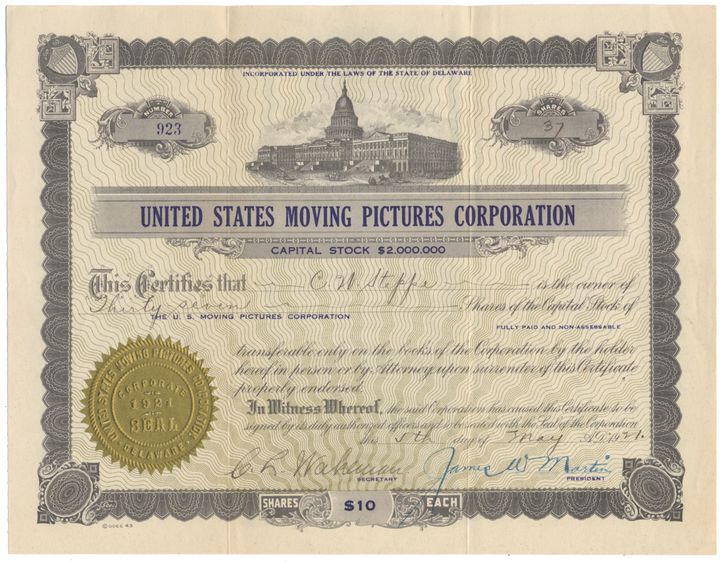 United States Moving Pictures Corporation Stock Certificate