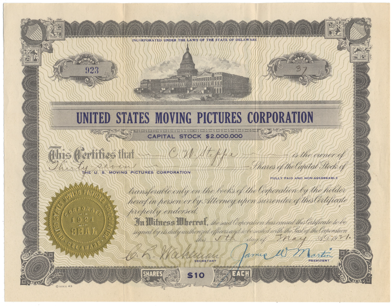 United States Moving Pictures Corporation Stock Certificate