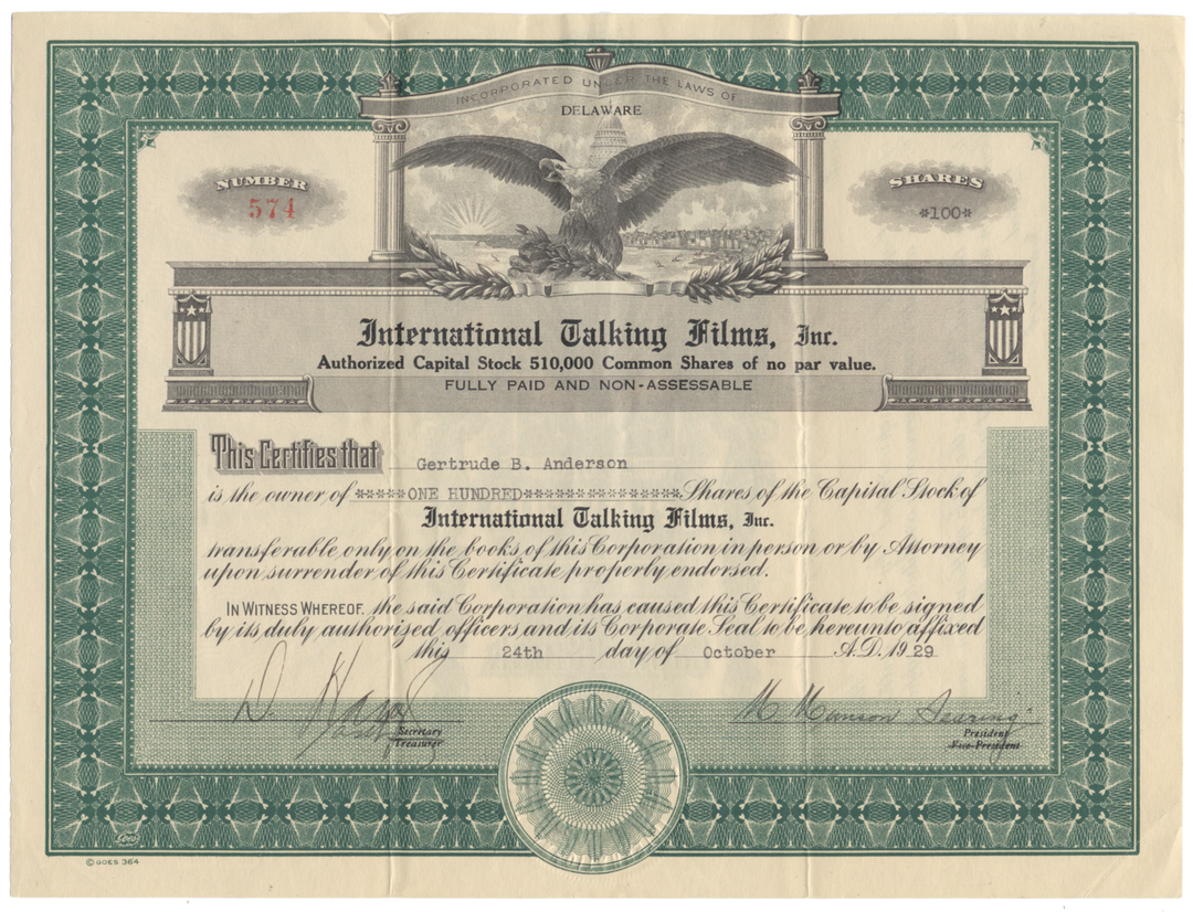 International Talking Films, Inc. Stock Certificate Issued on Black Thursday 1929