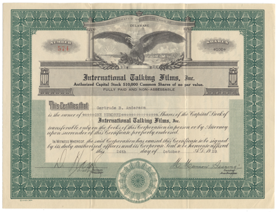 International Talking Films, Inc. Stock Certificate Issued on Black Thursday 1929