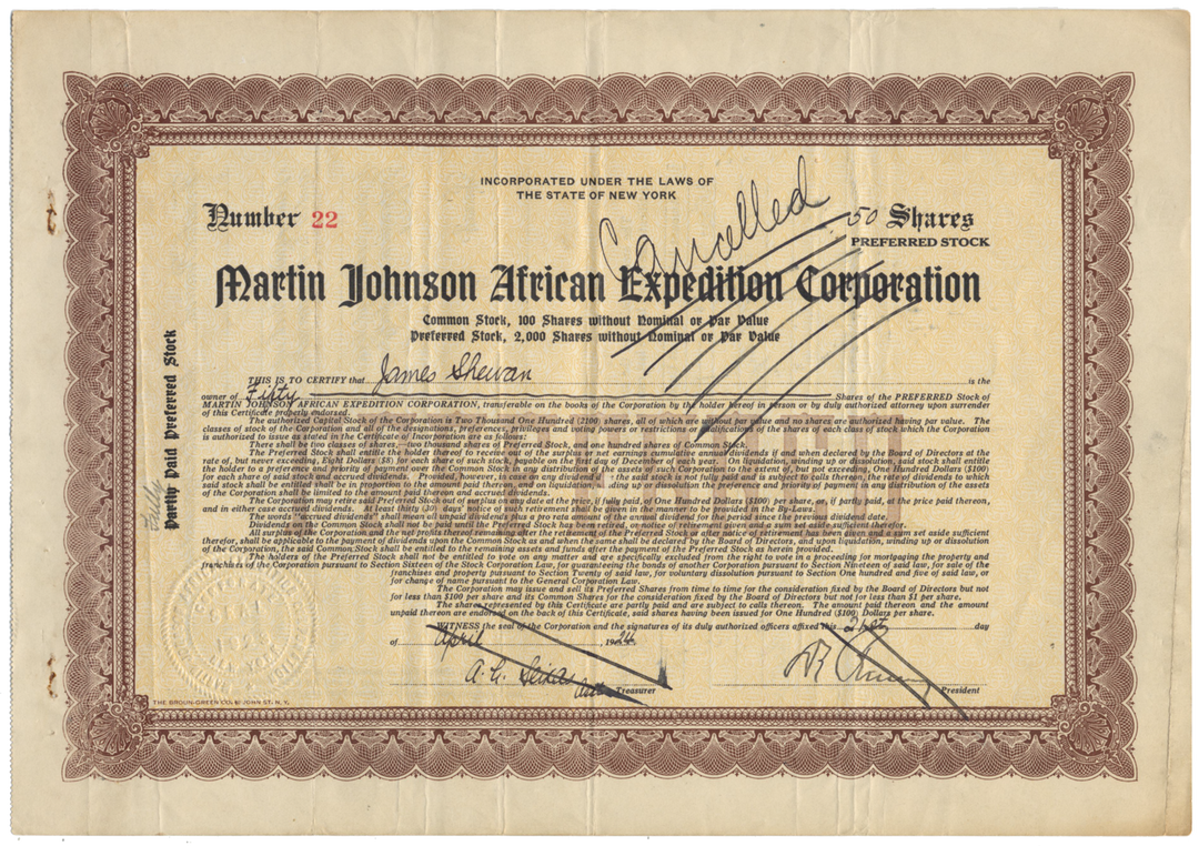 Martin Johnson African Expedition Corporation Stock Certificate