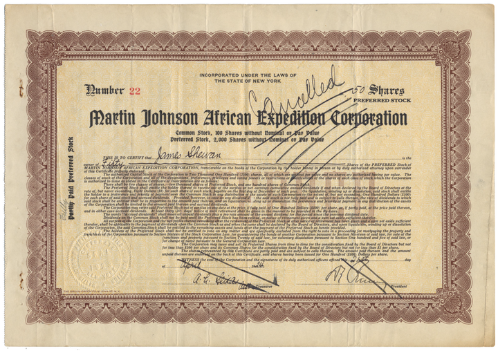 Martin Johnson African Expedition Corporation Stock Certificate