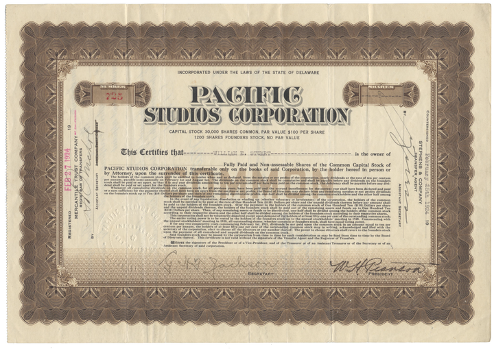 Pacific Studios Corporation Stock Certificate