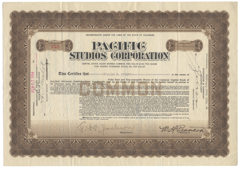 Pacific Studios Corporation Stock Certificate