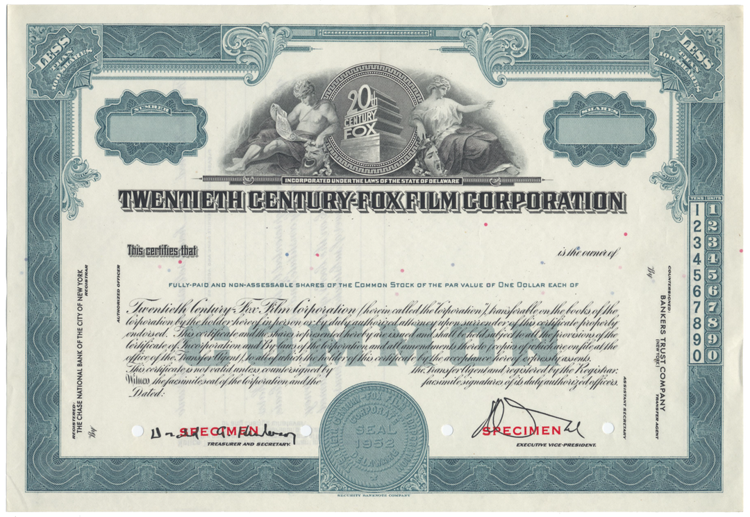 Twentieth Century-Fox Film Corporation Specimen Stock Certificate