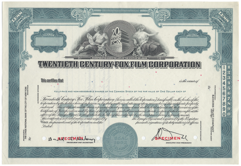 Twentieth Century-Fox Film Corporation Specimen Stock Certificate