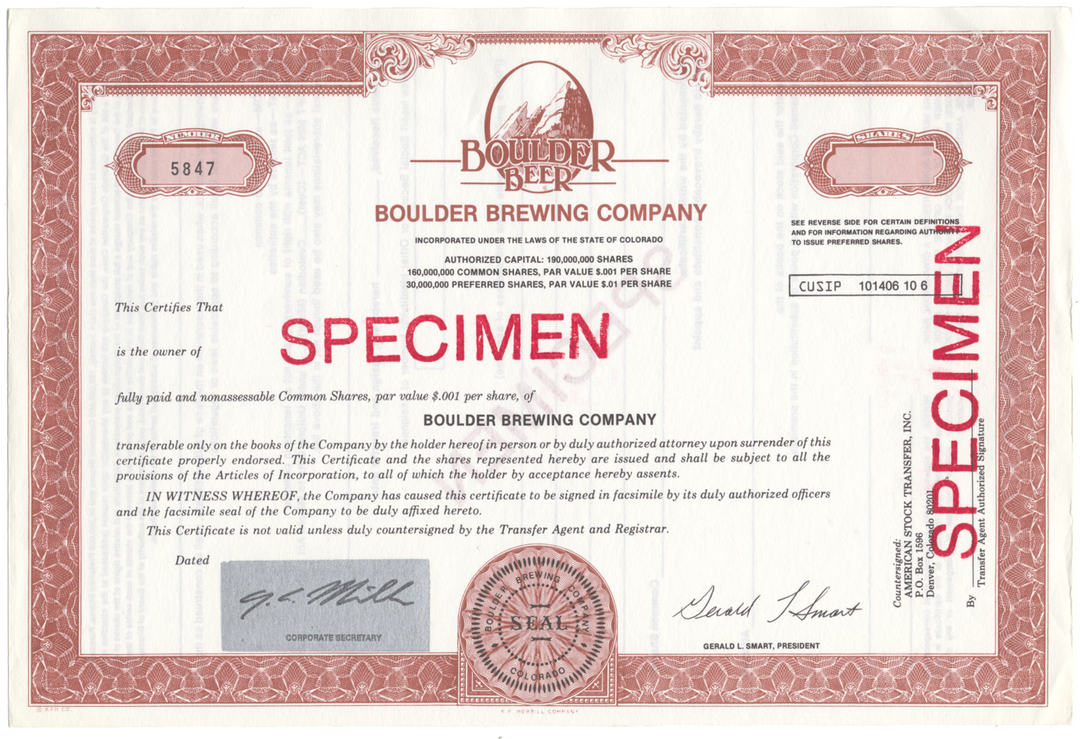 Boulder Brewing Company Specimen Stock Certificate