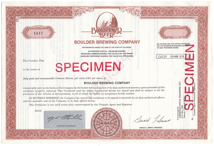 Boulder Brewing Company Specimen Stock Certificate