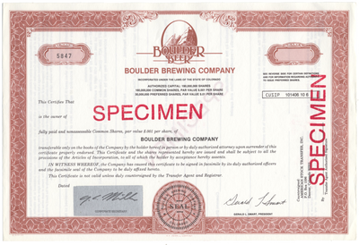 Boulder Brewing Company Specimen Stock Certificate