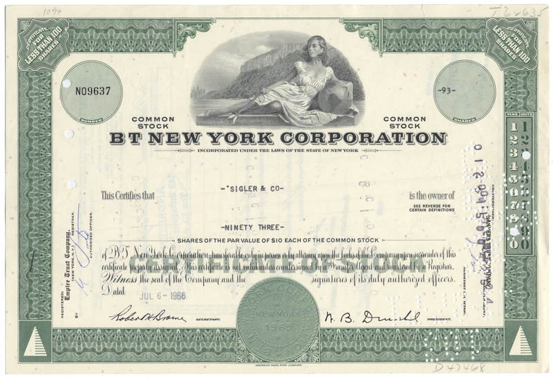 BT New York Corporation Stock Certificate