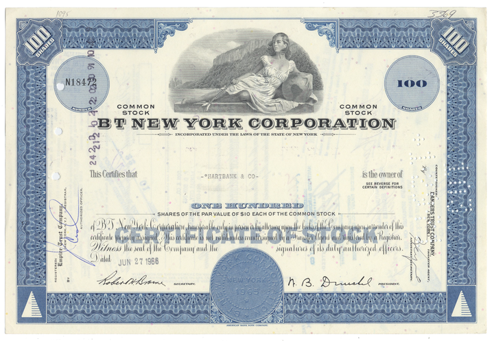 BT New York Corporation Stock Certificate