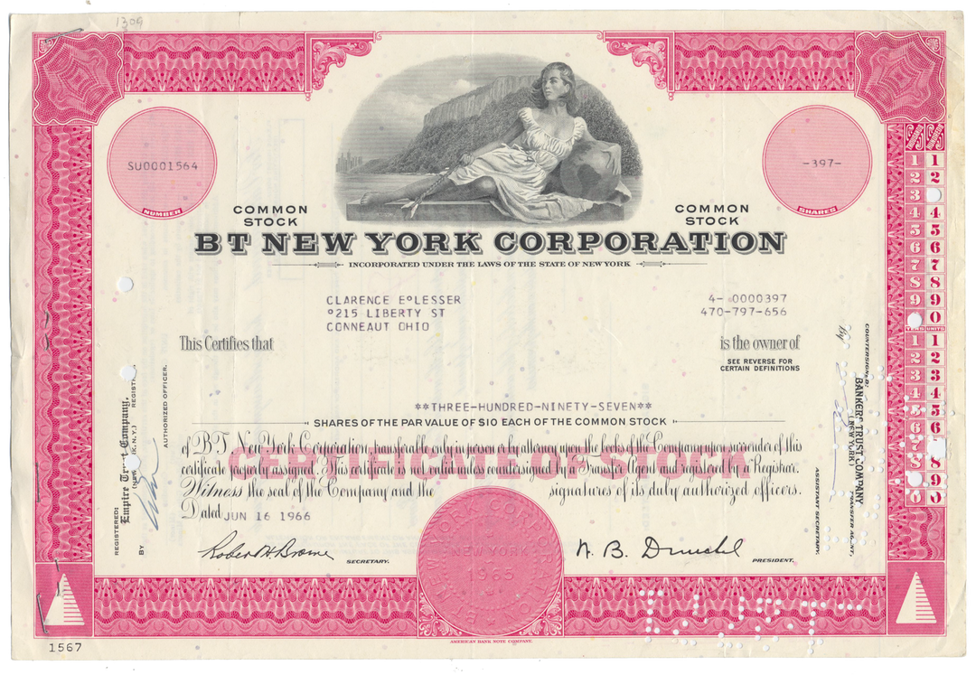 BT New York Corporation Stock Certificate