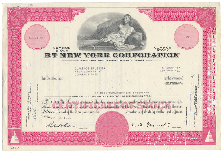 BT New York Corporation Stock Certificate