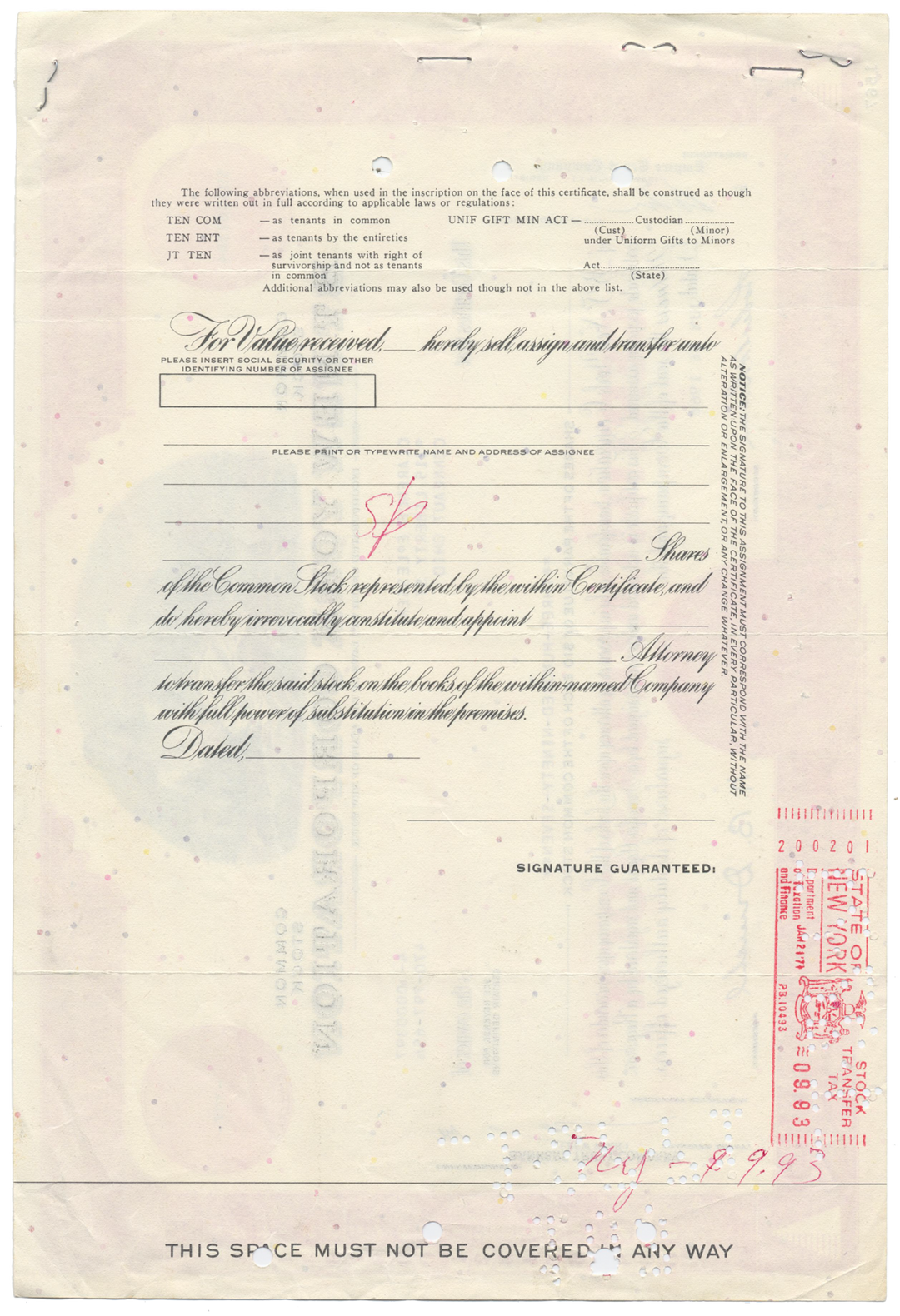 BT New York Corporation Stock Certificate