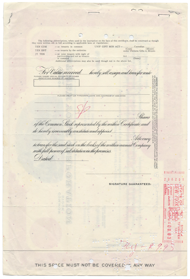 BT New York Corporation Stock Certificate
