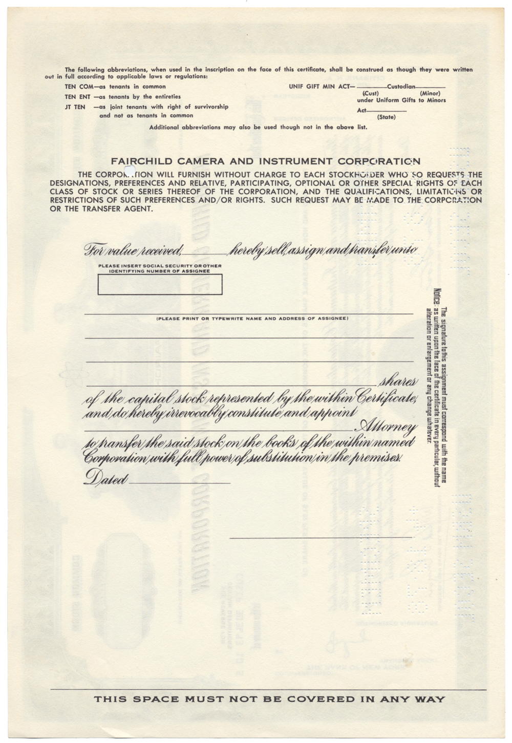 Fairchild Camera and Instrument Corporation Specimen Stock Certificate