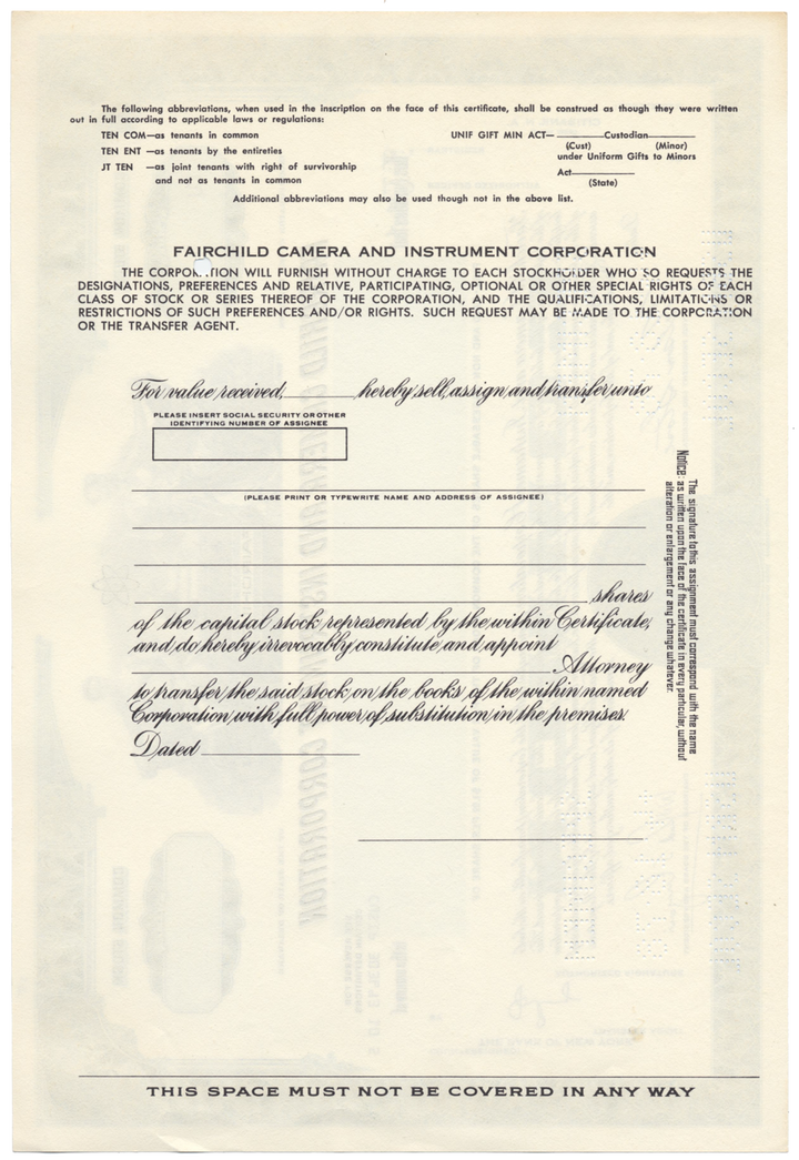 Fairchild Camera and Instrument Corporation Specimen Stock Certificate