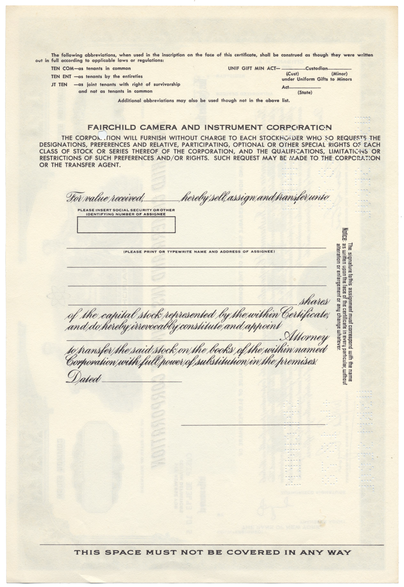 Fairchild Camera and Instrument Corporation Specimen Stock Certificate