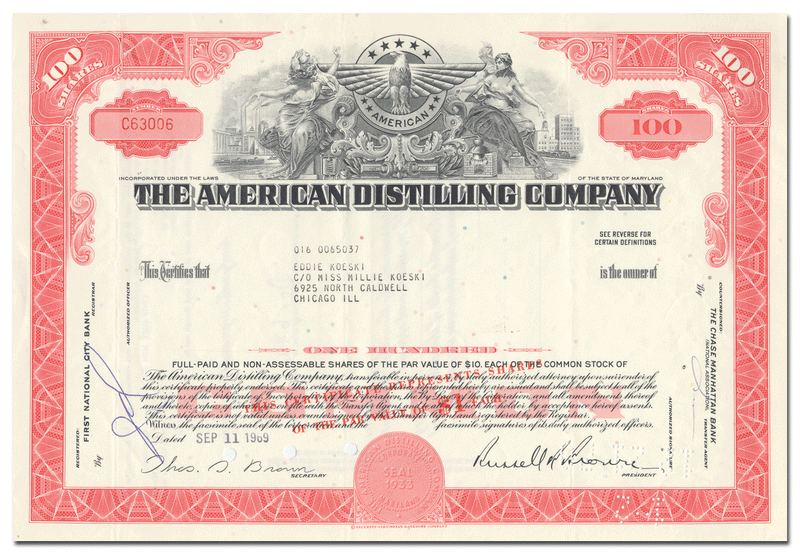 American Distilling Company Stock Certificate