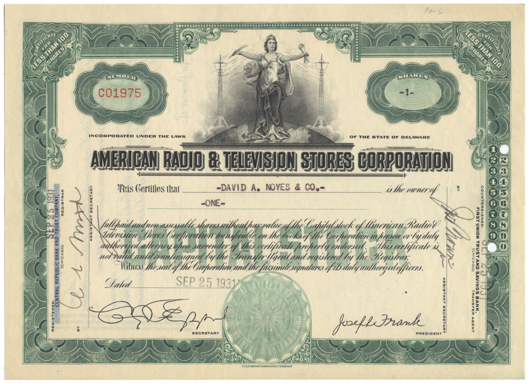 American Radio & Television Stores, Inc. Stock Certificate