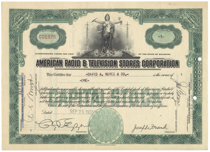 American Radio & Television Stores, Inc. Stock Certificate