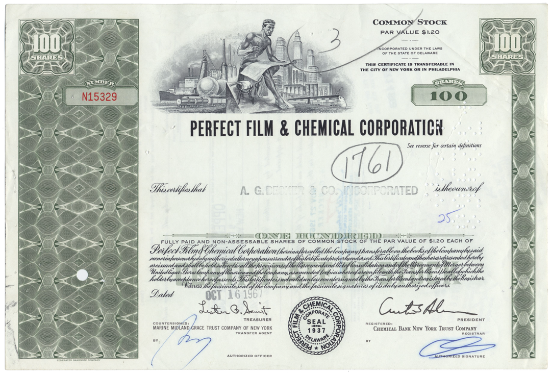 Perfect Film & Chemical Corporation Stock Certificate