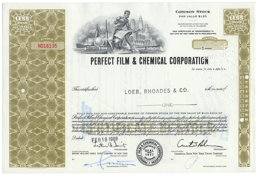 Perfect Film & Chemical Corporation Stock Certificate