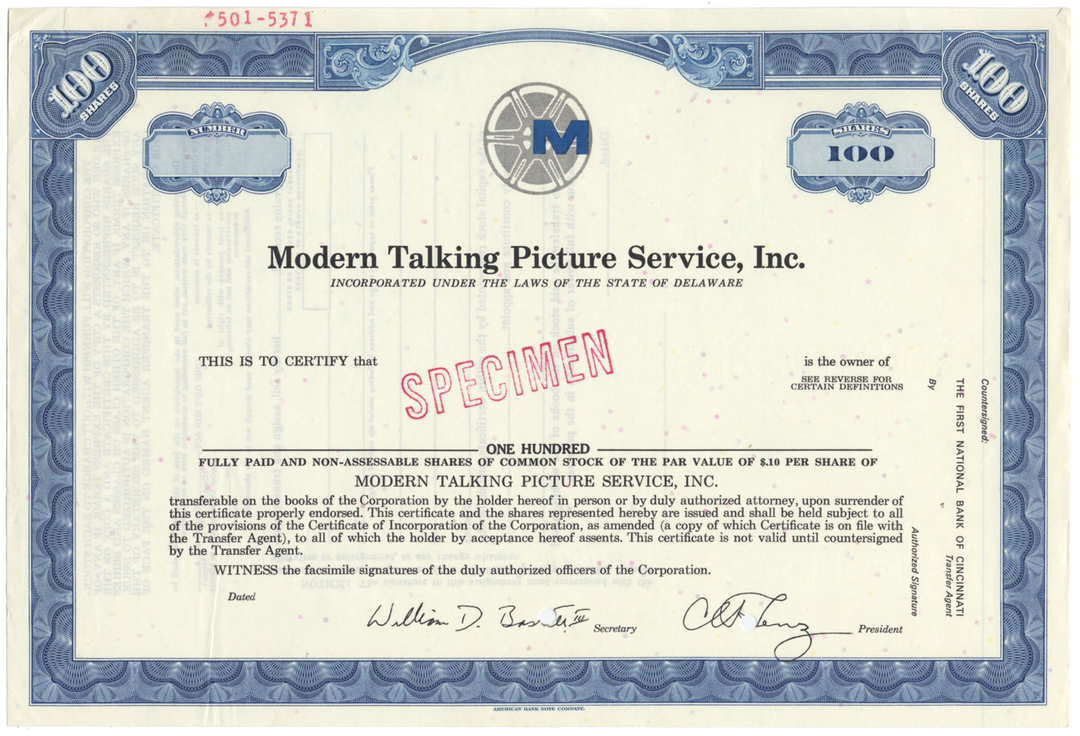 Modern Talking Picture Service, Inc. Specimen Stock Certificate