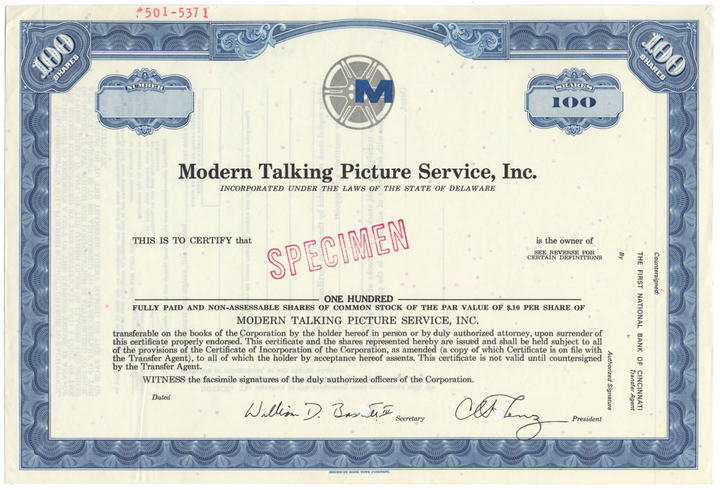 Modern Talking Picture Service, Inc. Specimen Stock Certificate