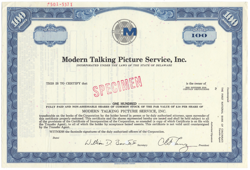 Modern Talking Picture Service, Inc. Specimen Stock Certificate